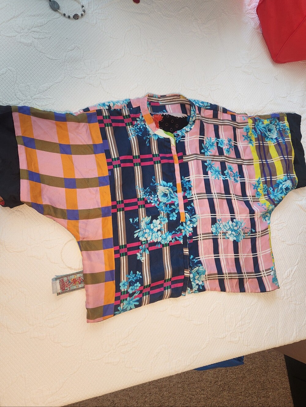 Johnny Was Multicolor Patchwork Plaid & Floral Blouse - Pink, Blue, Yellow, Navy